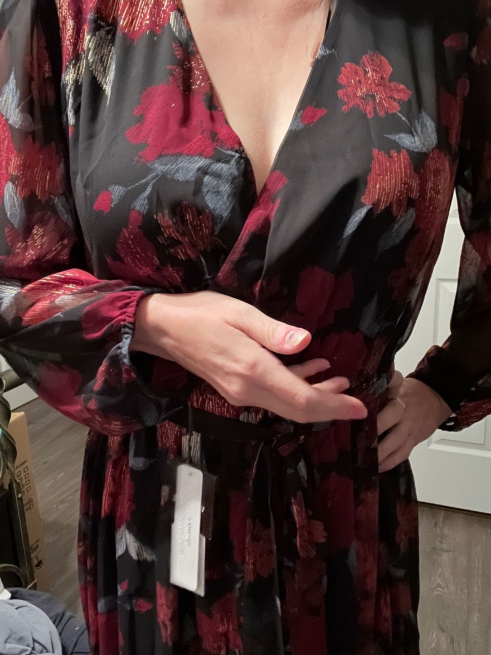 Red, Gold and Black Ankle Length Wrap Front Dress